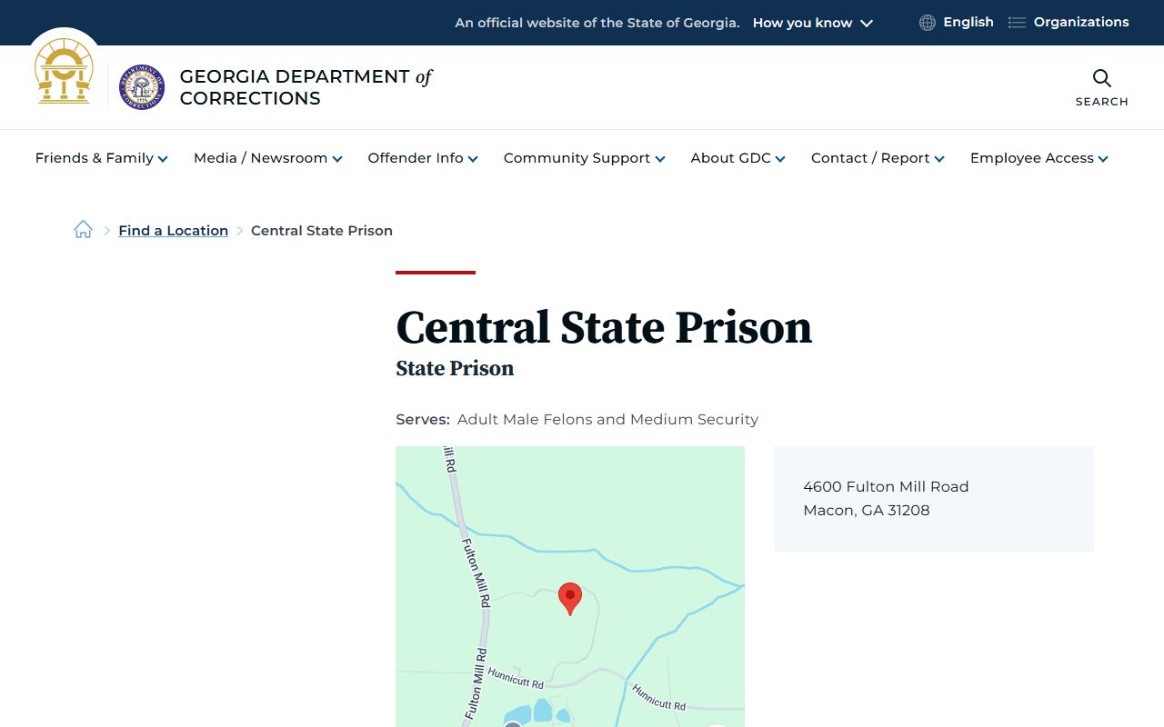 Georgia Department of Corrections Central State Prison facility page