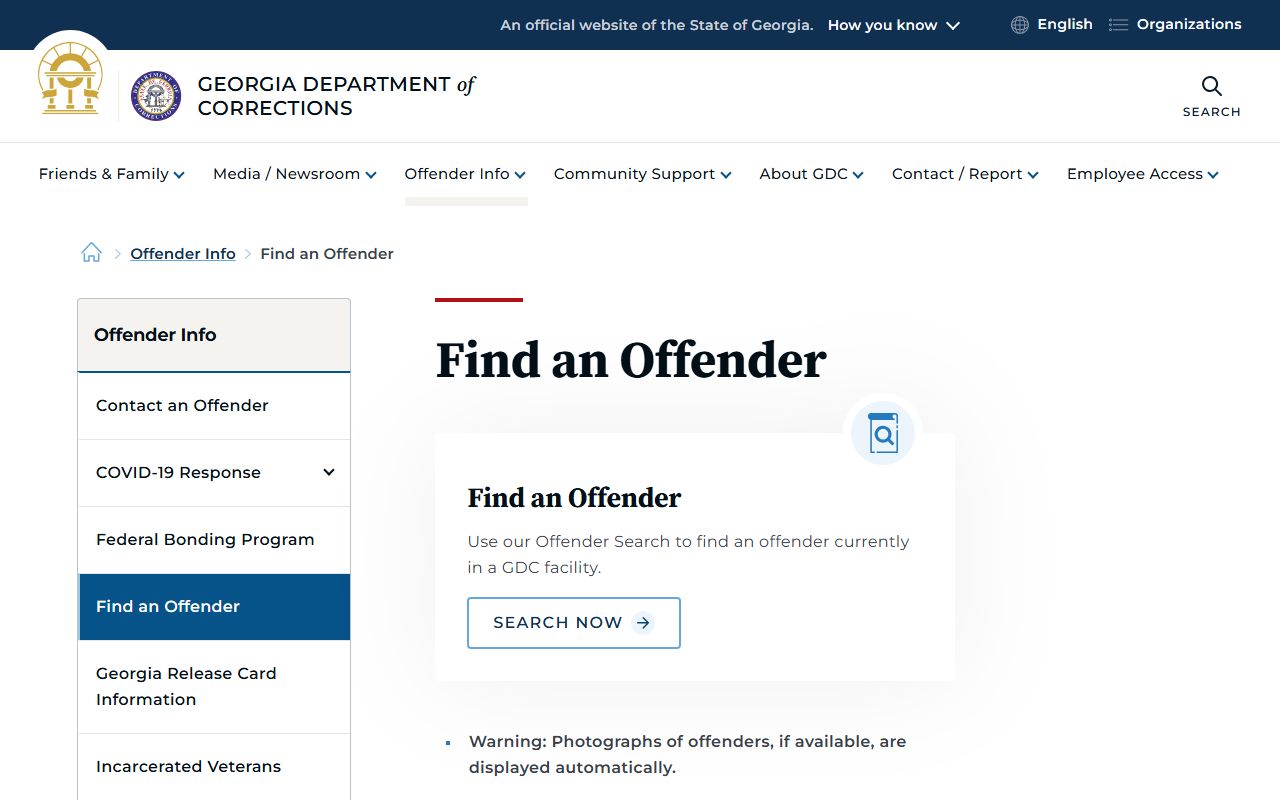 Georgia Department of Corrections Find an Offender lookup page