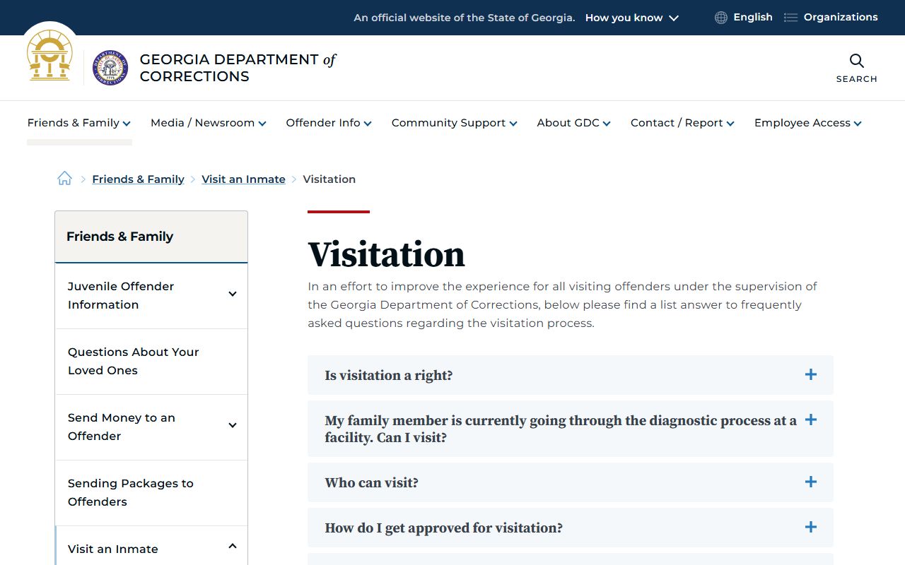 Georgia Department of Corrections visitation rules and FAQ page